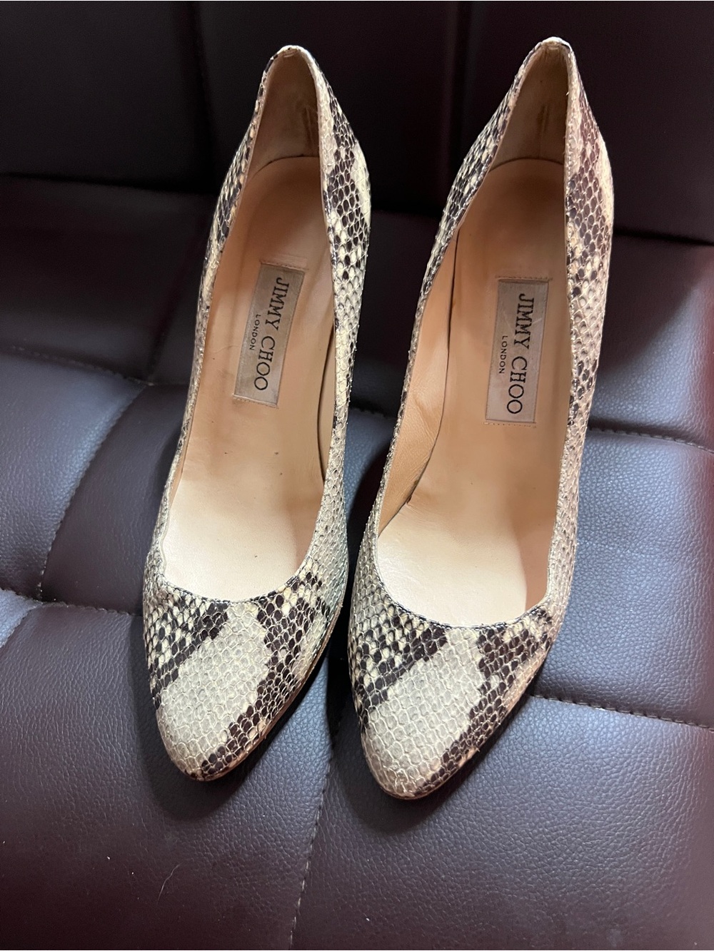 Jimmy Choo Beige and Brown Snakeskin Pointed-Toe Pumps - Picture 7 of 9